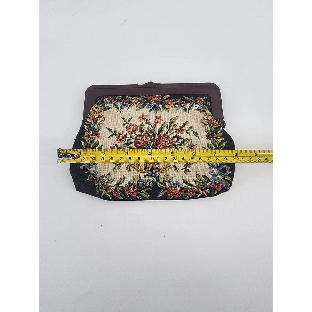 Vintage Floral Tapestry Clutch‎ Bag Faux Tortoise Shell Frame Kiss Lock Black